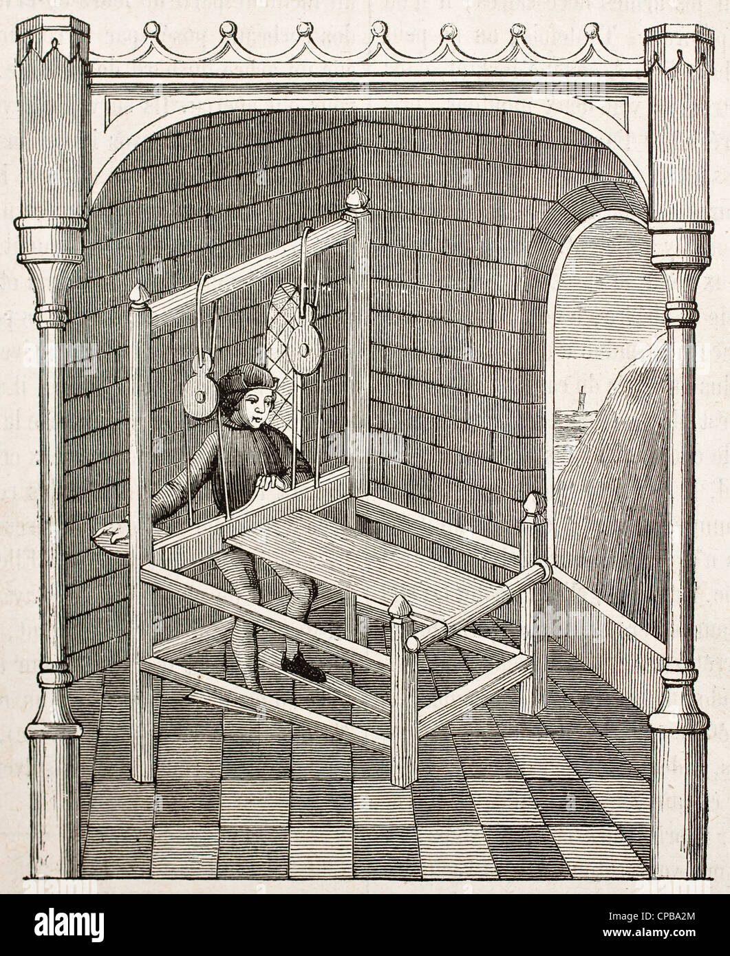 14th century weaver working on the loom, old illustration Stock Photo