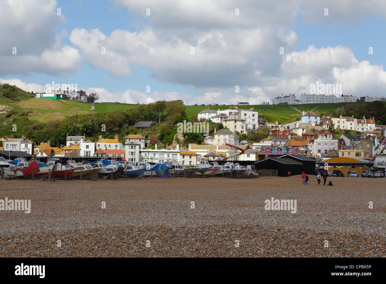 Hastings Old Town houses viewed from beach, East Sussex, England Stock