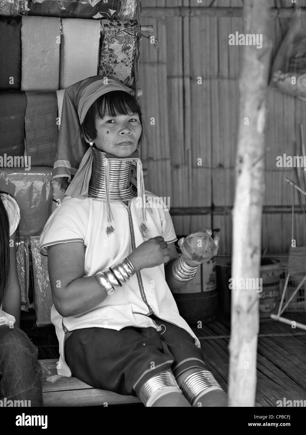 Long neck (Kayan) hill tribe woman of Northern Thailand. Chiang Mai province. Rural Thailand people S.E. Asia. Hill tribes Black and white photography Stock Photo