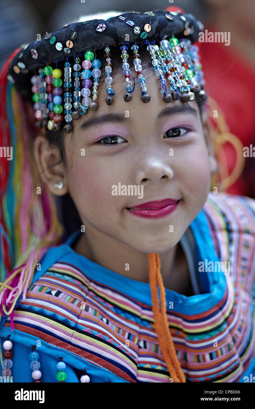 Lisu Thailand child. Northern hill tribe Lisu girl in traditional costume Thailand, Southeast  Asia. Stock Photo