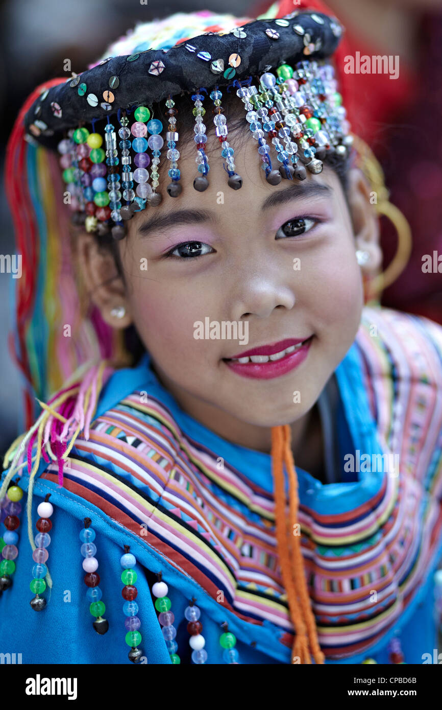 Lisu Thailand child. Northern hill tribe Lisu girl in traditional costume Thailand, Southeast  Asia. Stock Photo