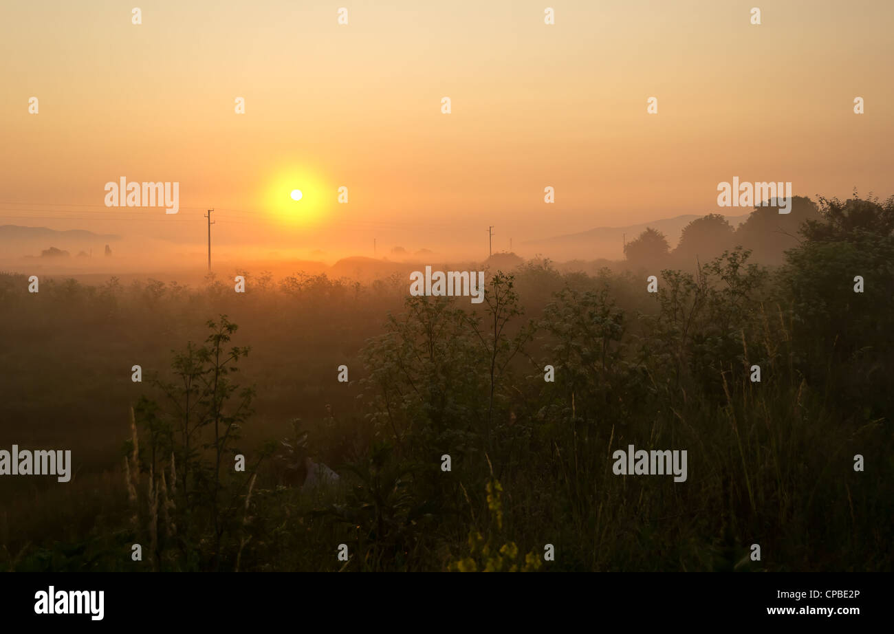 Sunrise and morning fog at the foot of the mountain Stock Photo - Alamy