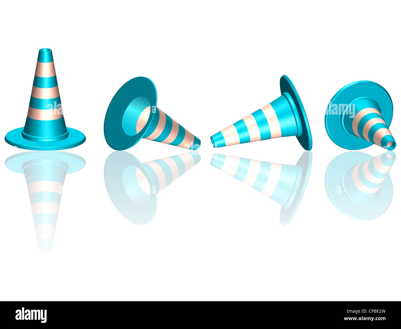 traffic cones with round base reflected against white background ...