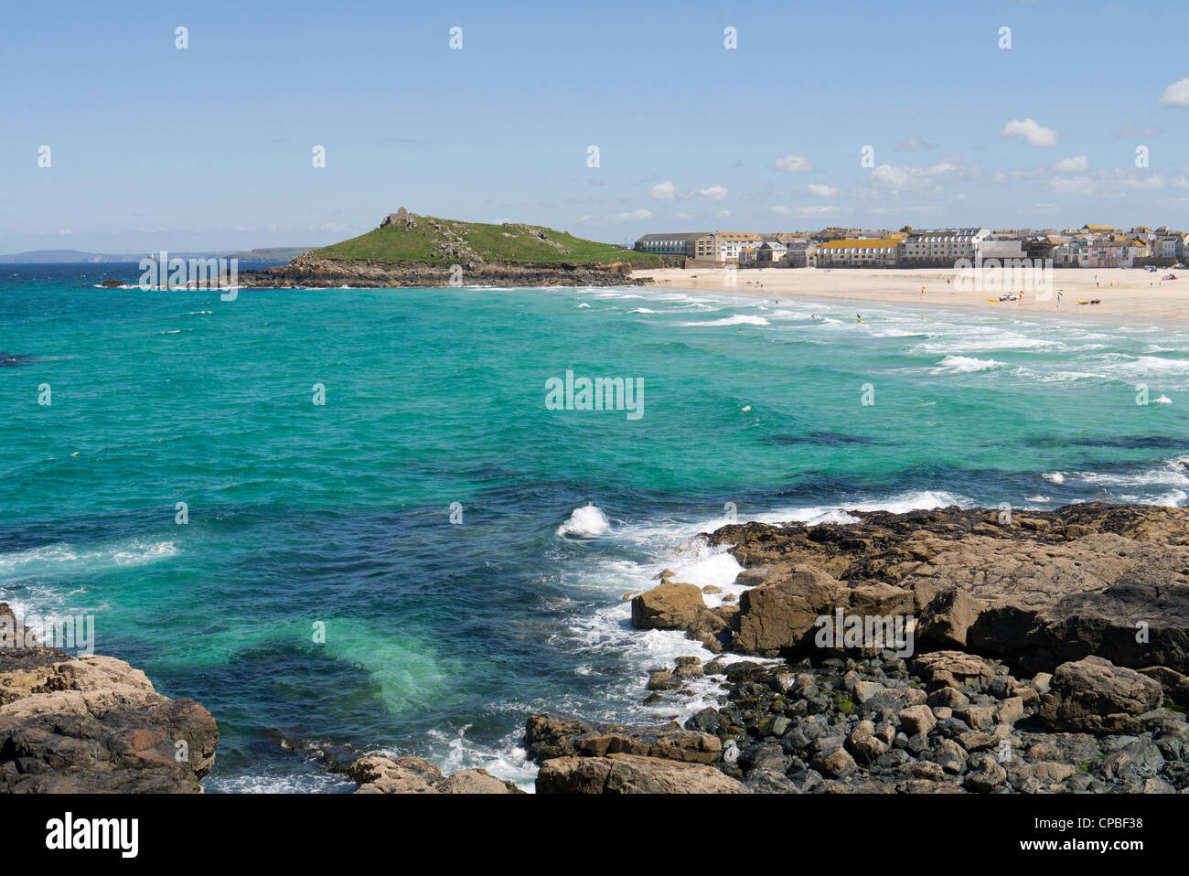 St. Ives turquoise sea and Porthmeor beach in Cornwall UK. Stock Photo