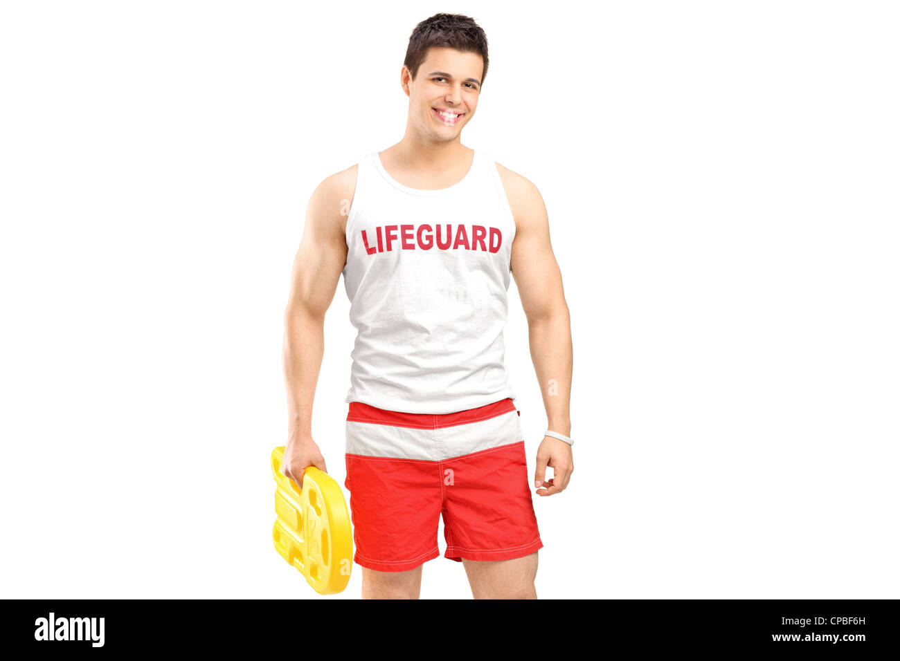 A smiling lifeguard on duty posing isolated on white background Stock Photo