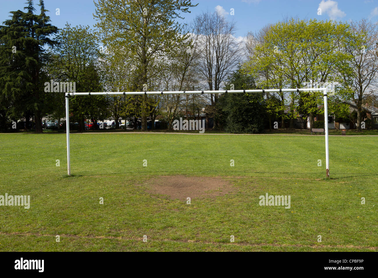 Football goal posts in Bailey Park Abergavenny, Wales UK. Stock Photo