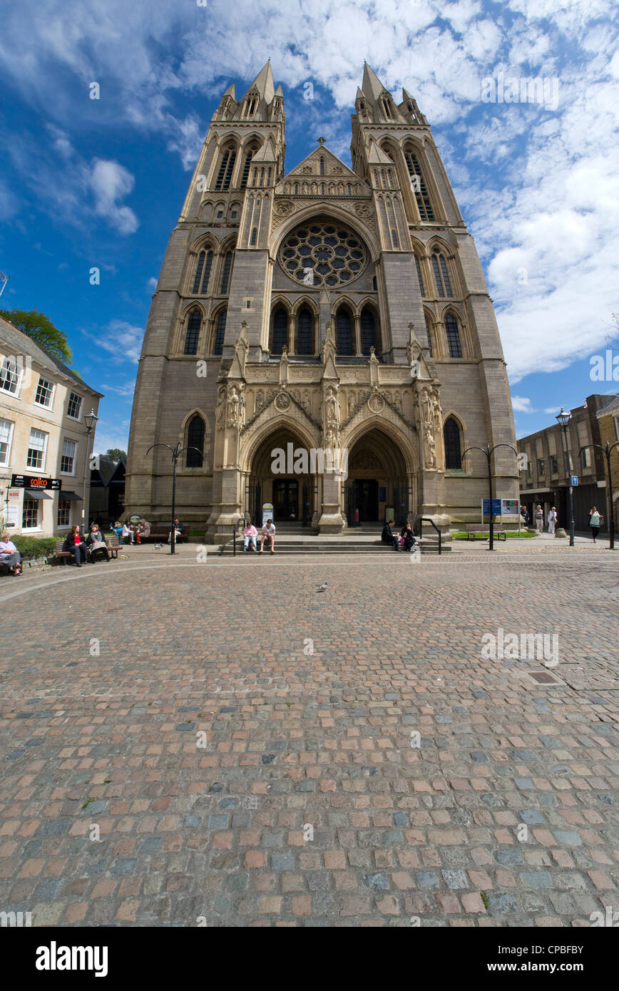 Truro Cathedral and square in Cornwall, England.  Taken with an extreme semi fish-eye wide angle lens. Stock Photo