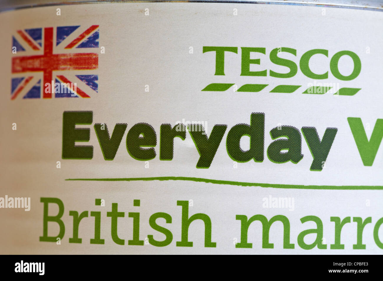 detail on tin of Tesco Everyday value British marrowfat peas with union jack Stock Photo