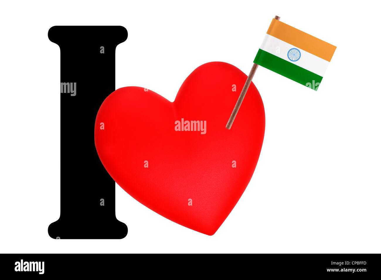Small flag on a red heart and the word I to express love for the national flag of India Stock Photo