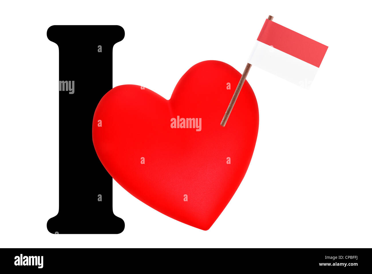 Small flag on a red heart and the word I to express love for the national flag of Indonesia Stock Photo