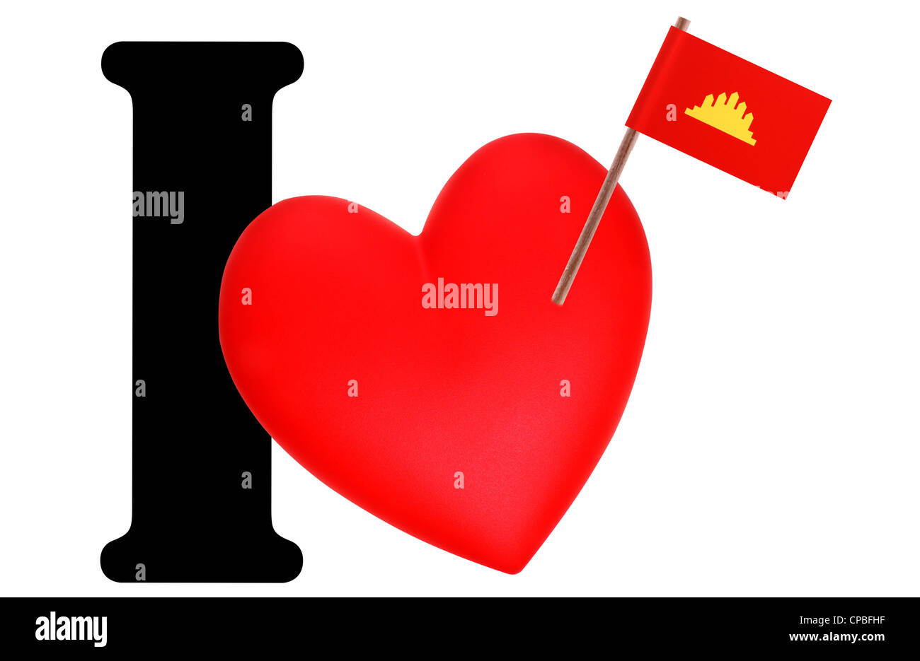 Small flag on a red heart and the word I to express love for the national flag of Kampuchea Stock Photo