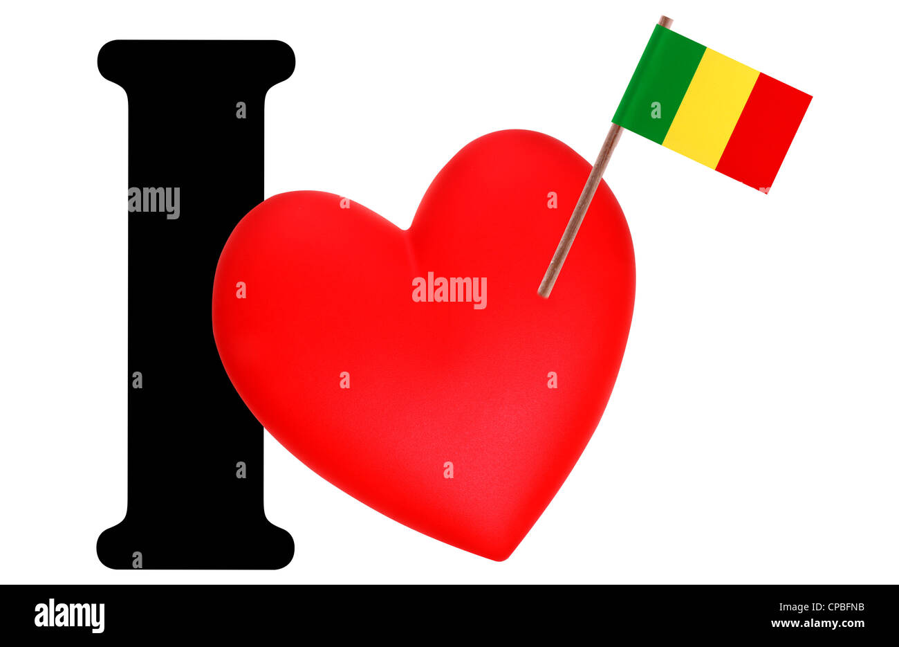 Small flag on a red heart and the word I to express love for the national flag of Mali Stock Photo