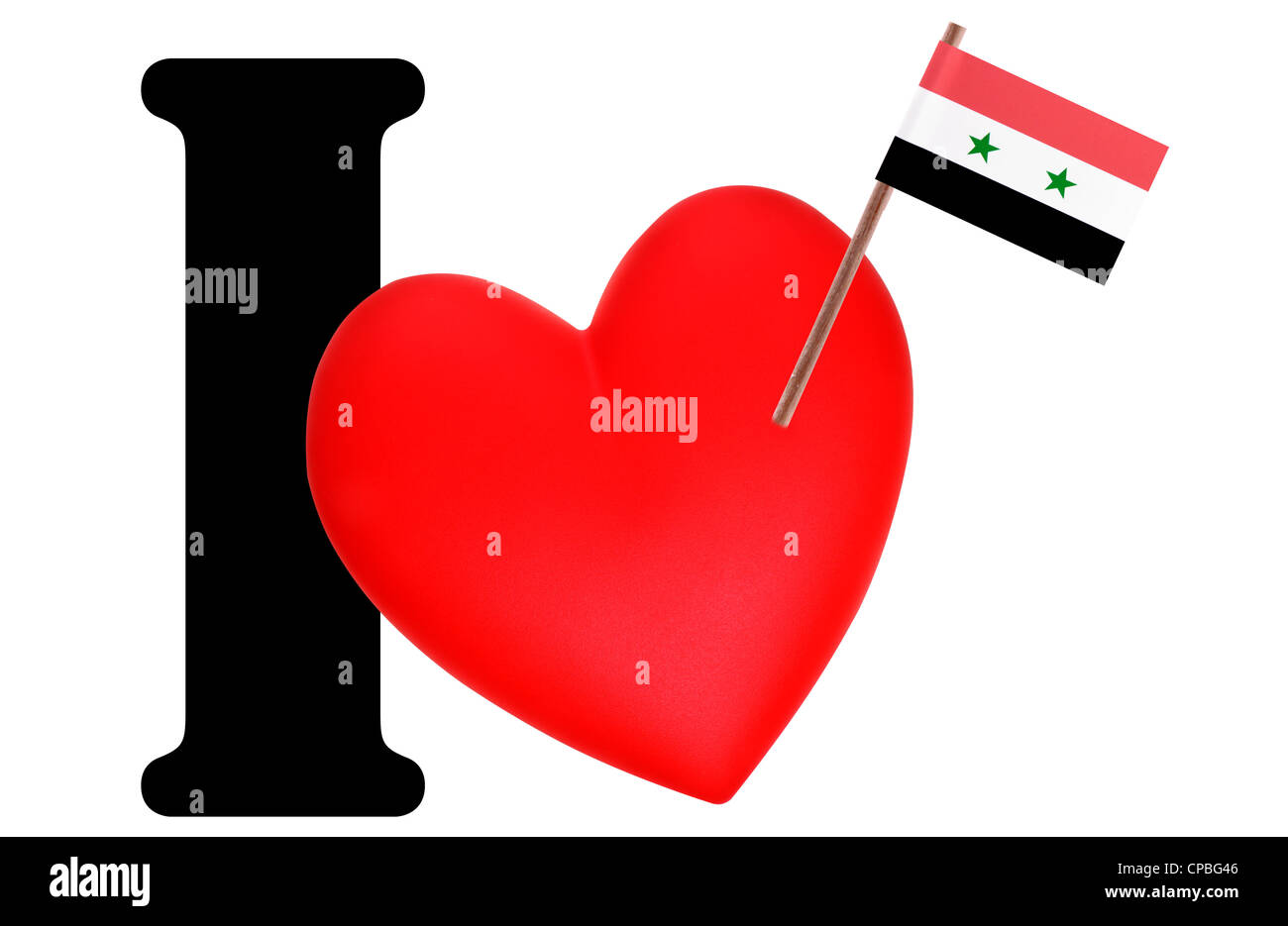 Small flag on a red heart and the word I to express love for the national flag of Syria Stock Photo