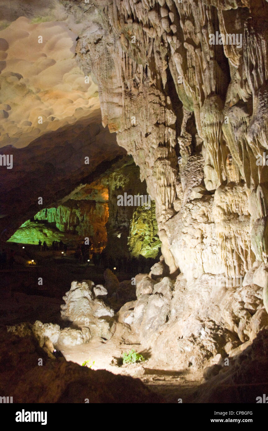 Vertical view inside Hang Sung Sot [Amazing or Surprising caves] a grotto on Bo Hon Island in Halong Bay. Stock Photo