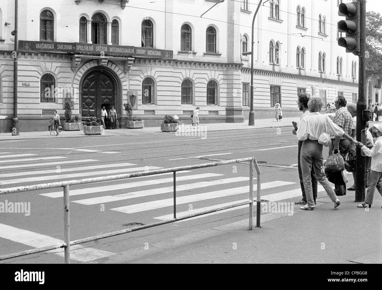 Steet with table - Warsaw treatment - defence of socialism.  Prague - Czech capital in last decade of communism regime. Photo taken in 1987. year. Stock Photo