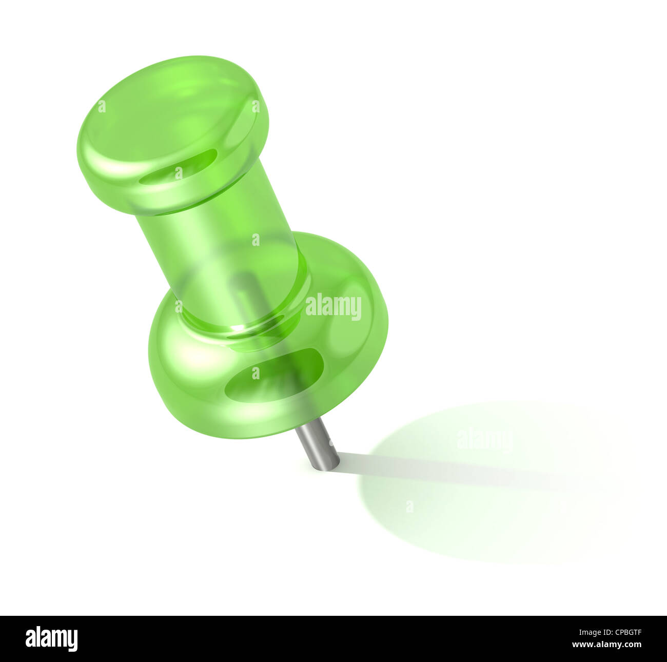 Close up of a Green Push Pin of semi Transparent plastic. Shadow. Stock Photo