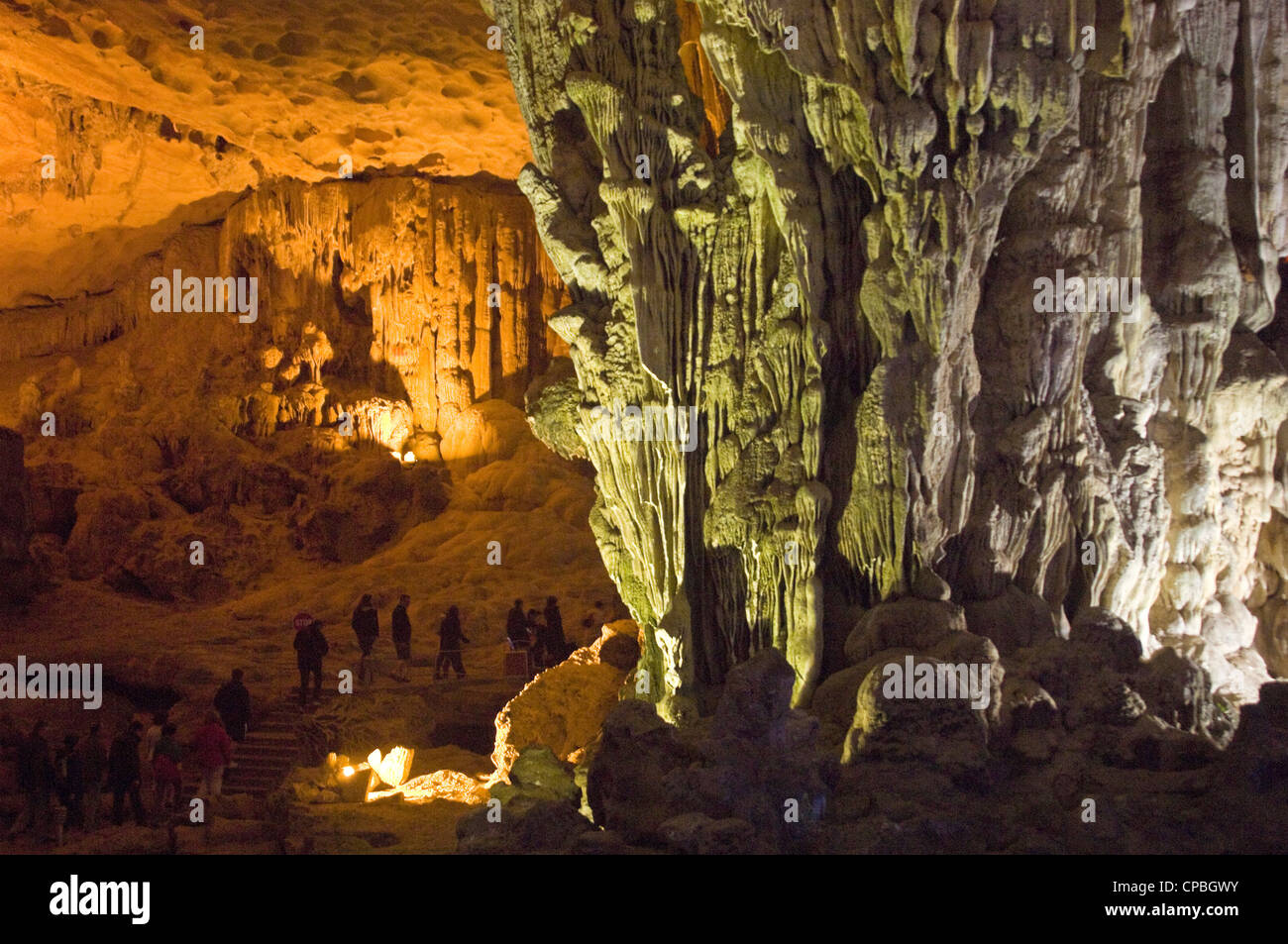 Horizontal view inside Hang Sung Sot [amazing or surprising caves] a grotto on Bo Hon Island in Halong Bay. Stock Photo