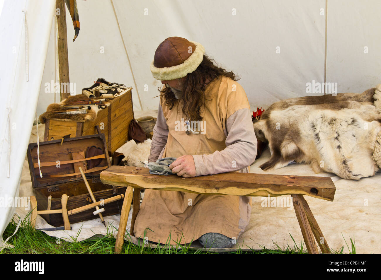 Male Viking craftsman at Stotfold mill country fair Stock Photo