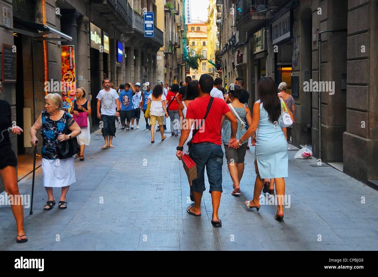 Tourists filled small streets in the Barri Gotic (Gothic quarter), Barcelona, Spain. Stock Photo