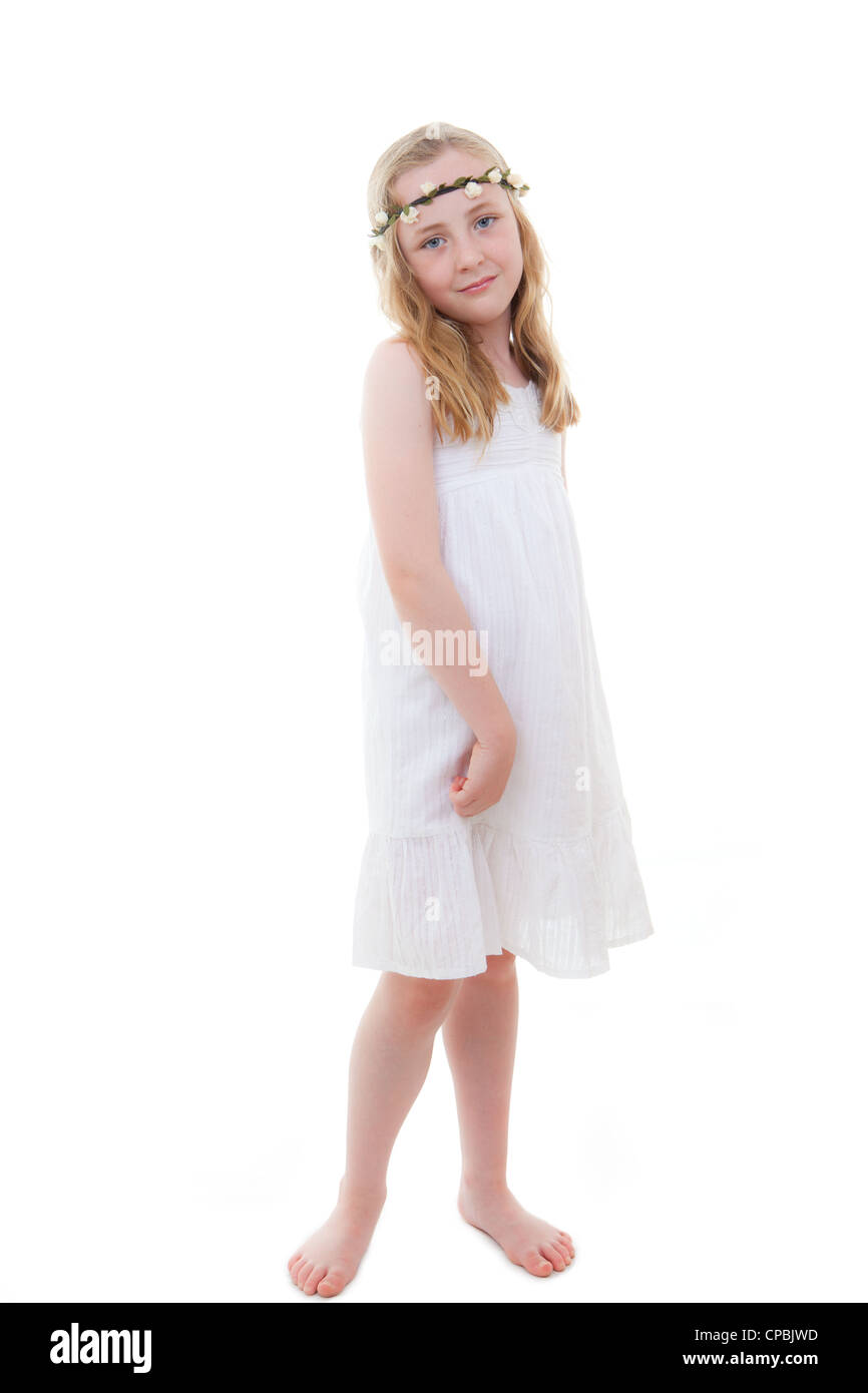 cute little girl in white summer dress ...