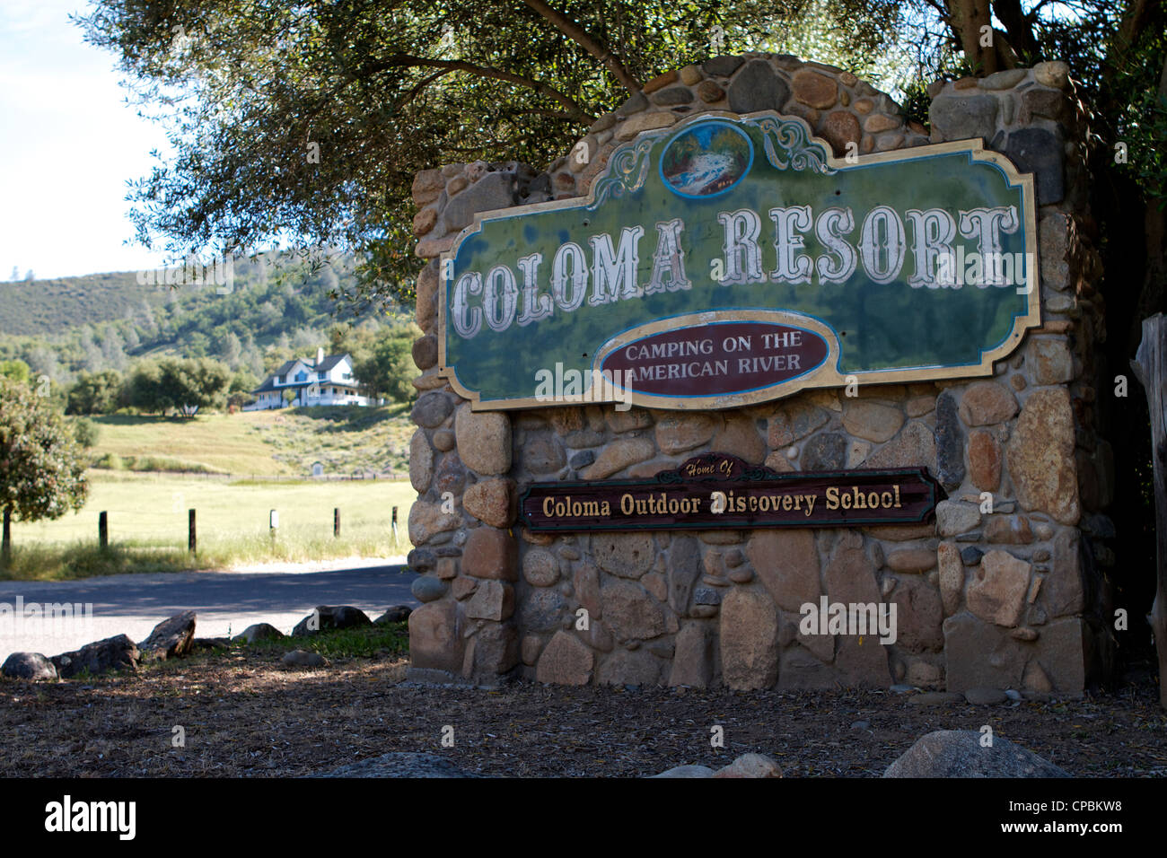 Coloma resort sign on the South Fork of the American River California