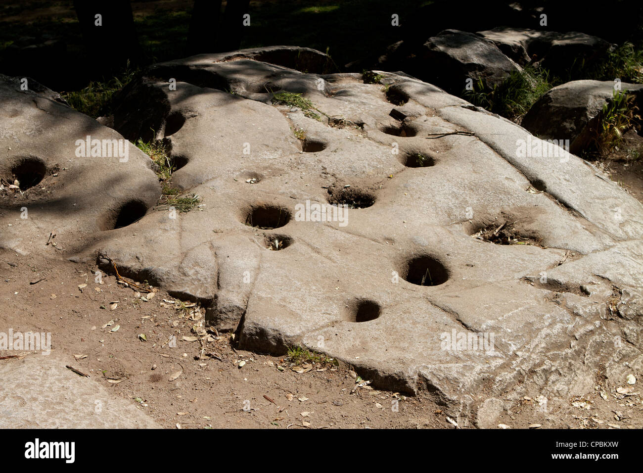 Native American Indian acorn grinding holes mortar stones in bedrock at the Marshall Gold