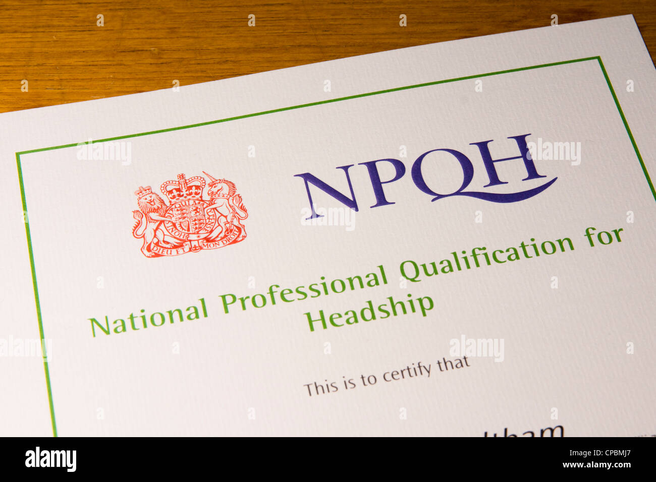 An NPQH certificate. Stock Photo