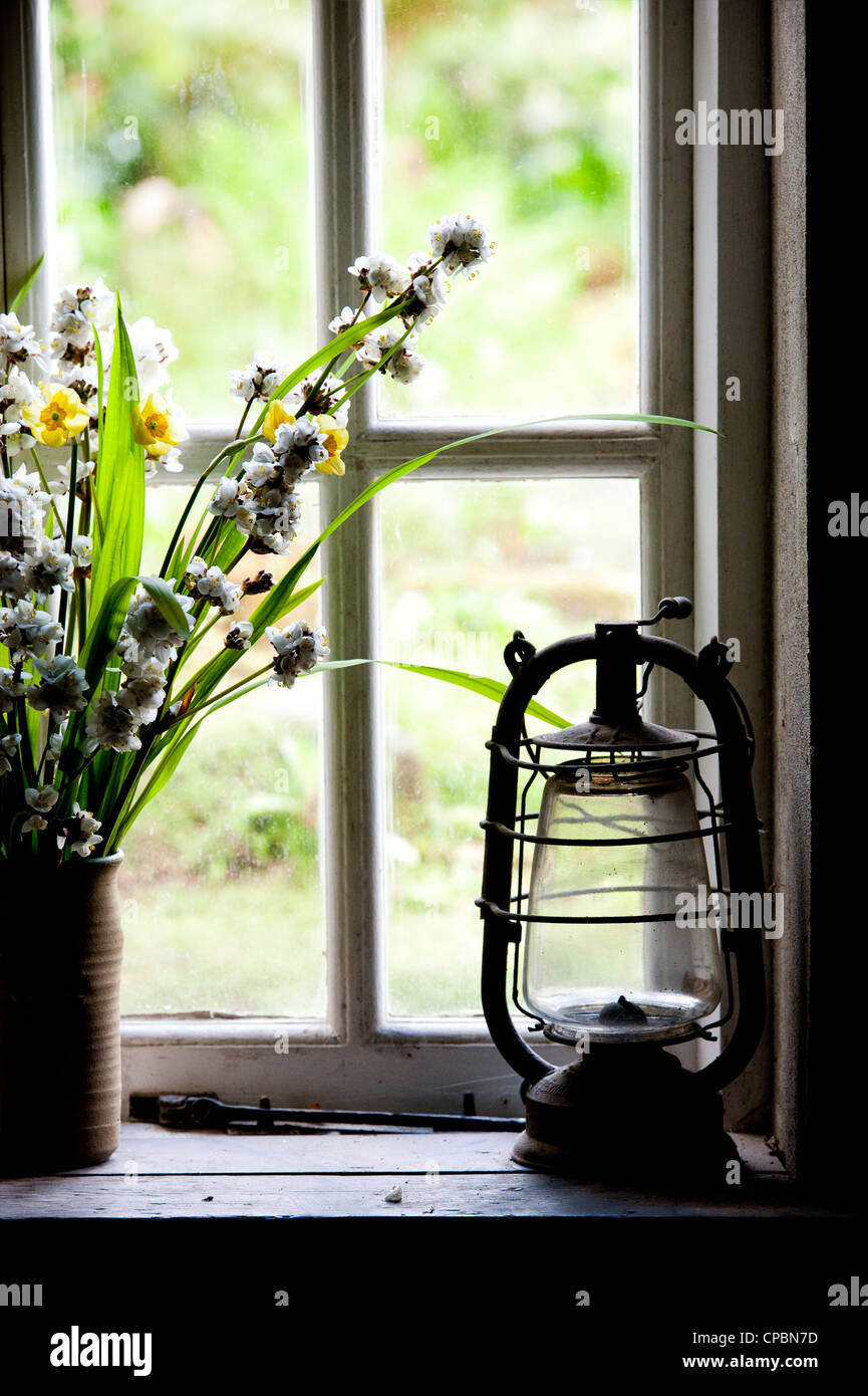 Vase of flowers and an old oil lamp in the window of the head gardeners office. Lost Gardens of Heligan, Cornwall, England Stock Photo