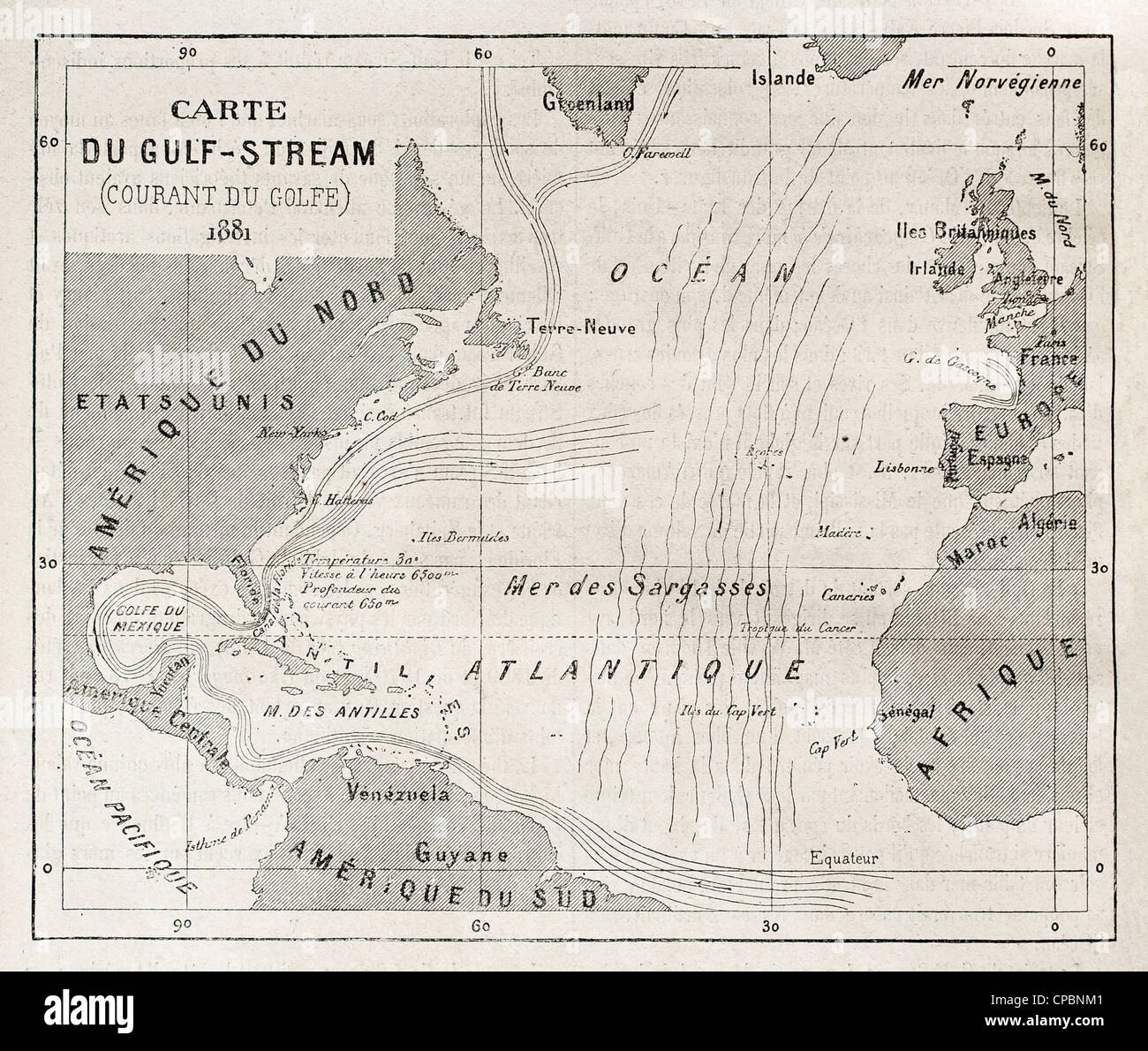Gulf Stream old map across Atlantic ocean Stock Photo