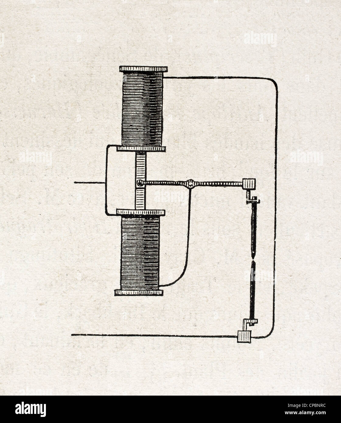 Diagram of he Siemens differential arc lamp built in 1878 by Friedrich von Hefner-Alteneck Stock Photo