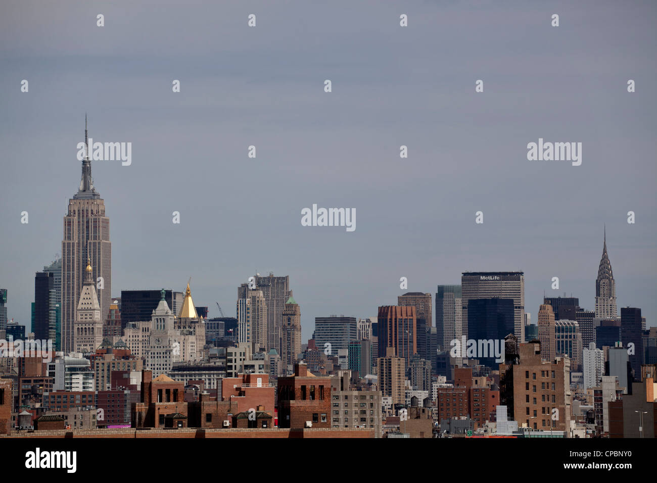New York City Midtown skyline viewed from the Brooklyn Bridge, New York City. Stock Photo