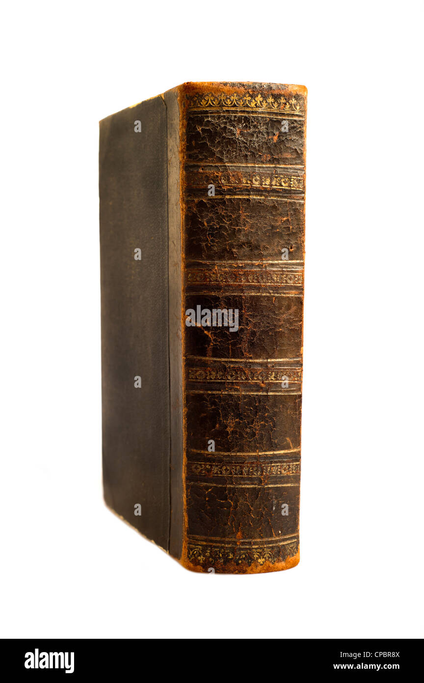 spine view of a antique leather bound book Stock Photo