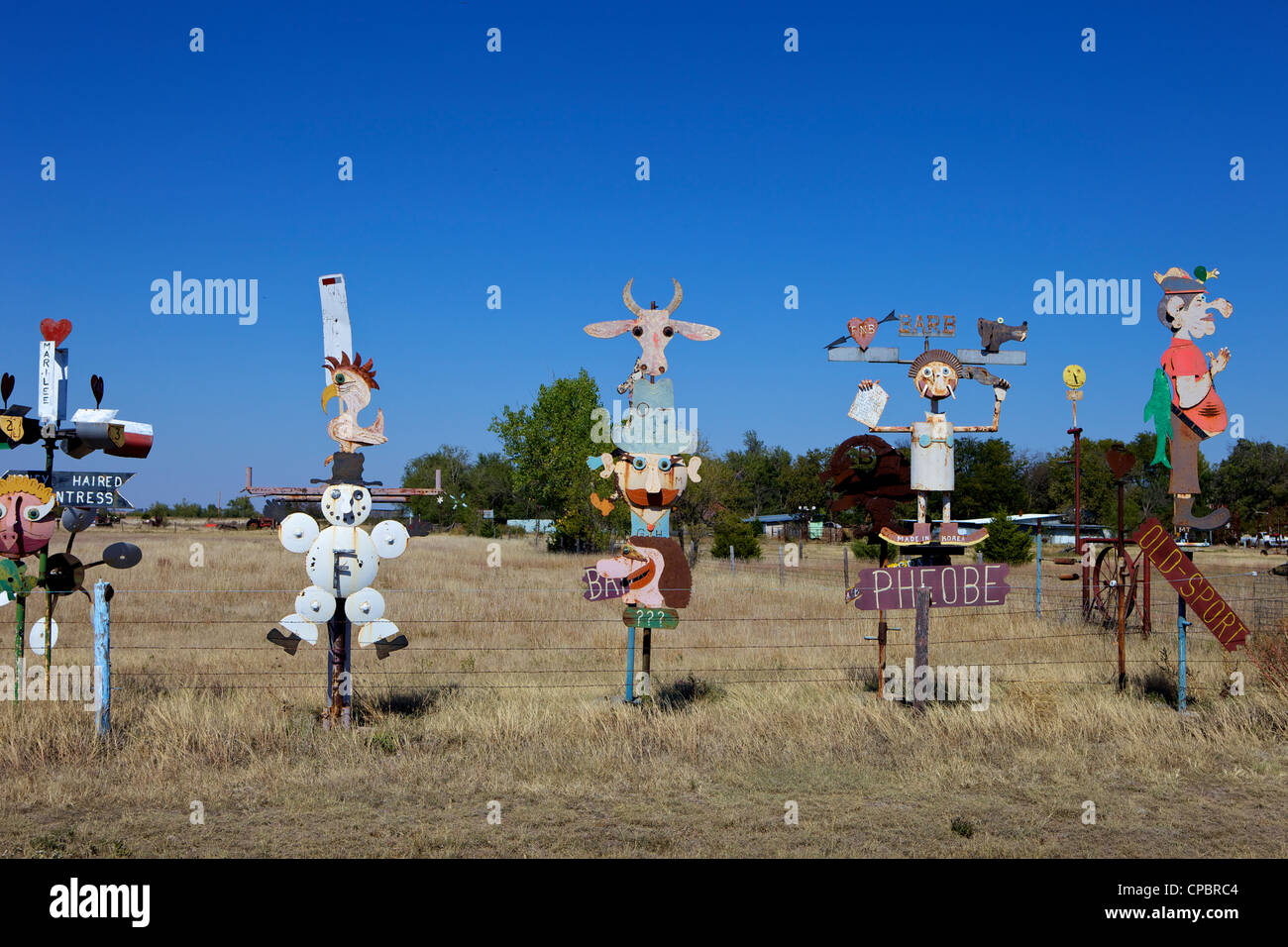 Colourful metal sculptures, Highway 54, Mullinville, Kansas, USA Stock