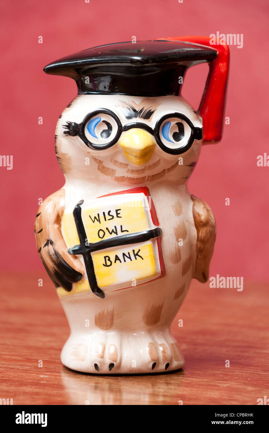 Wise owl money savings bank. Stock Photo