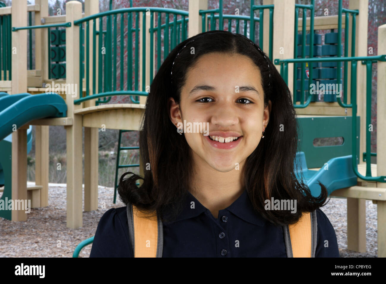 Girl with a backpack at her school Stock Photo Alamy