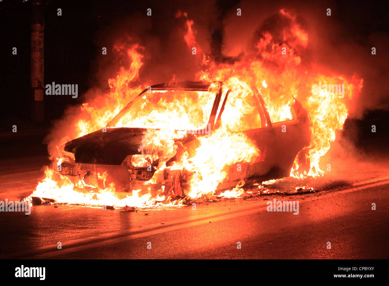 Car crash, ambulance, fire man, accident, doctor, emergency, fire brigade, fire, burning car Stock Photo