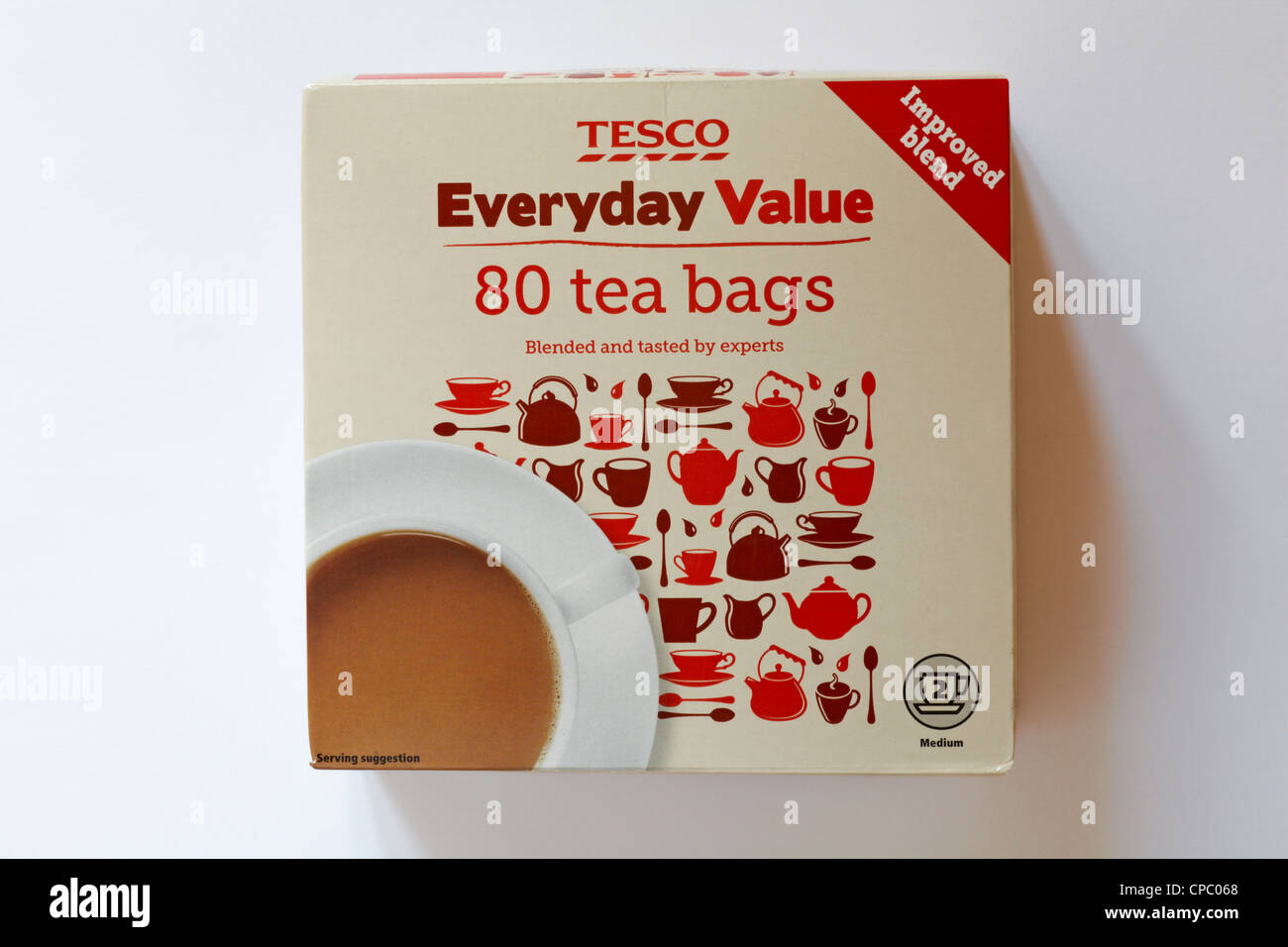 box of Tesco Everyday Value 80 tea bags isolated on white background Stock Photo