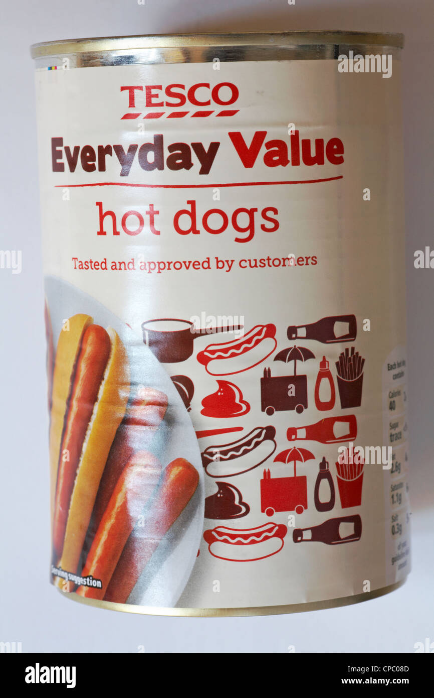 Can of Tesco Everyday Value hot dogs isolated on white background Stock Photo