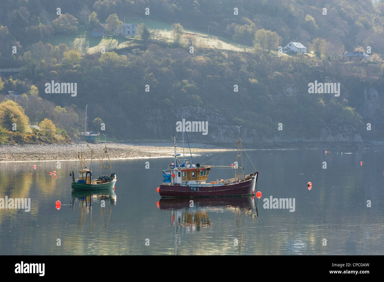 Boats anchored in Loch Broom at Ullapool, Ross-shire, Scotland. Stock Photo