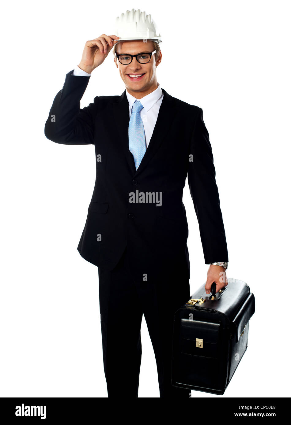 Handsome american architect holding a briefcase isolated over white Stock Photo