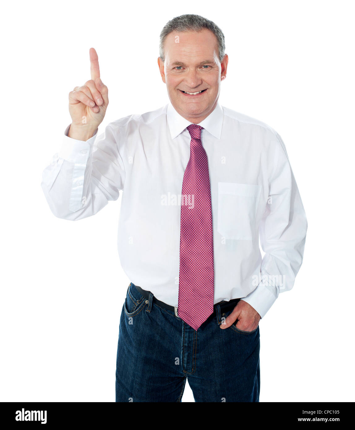 Smart businessperson pointing upwards over a white background Stock Photo