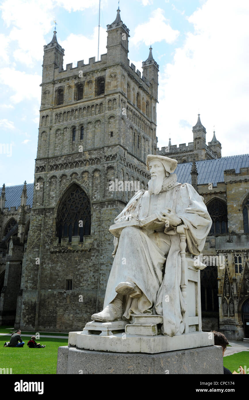 Statue of theologian Richard Hooker in front of Exeter Cathedral Devon England United Kingdom Stock Photo