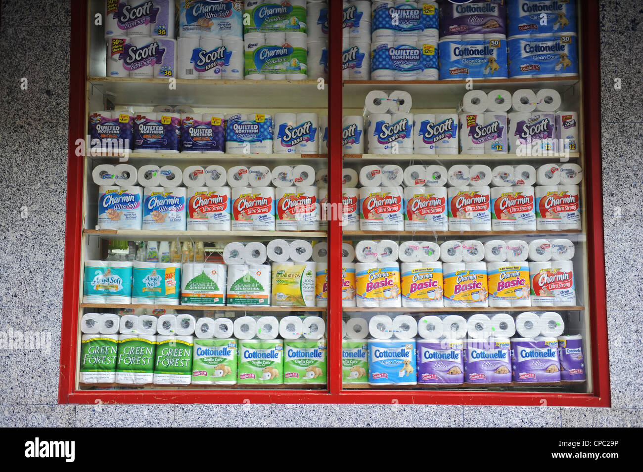 Different brands of Toilet Paper for sale in a shop in New York Stock Photo