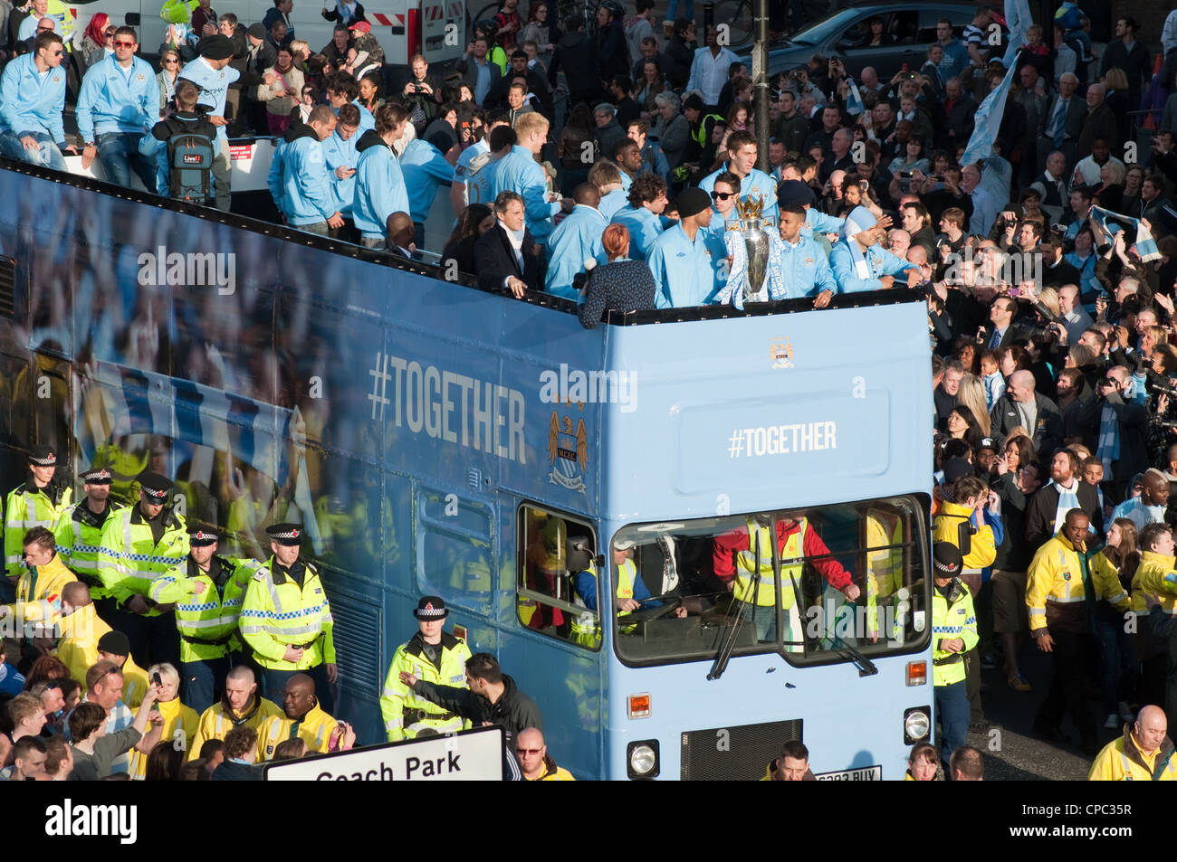 Manchester City FC Premier League Trophy Parade.2012.100,000 blues fans turn out to celebrate victory for their club. Stock Photo