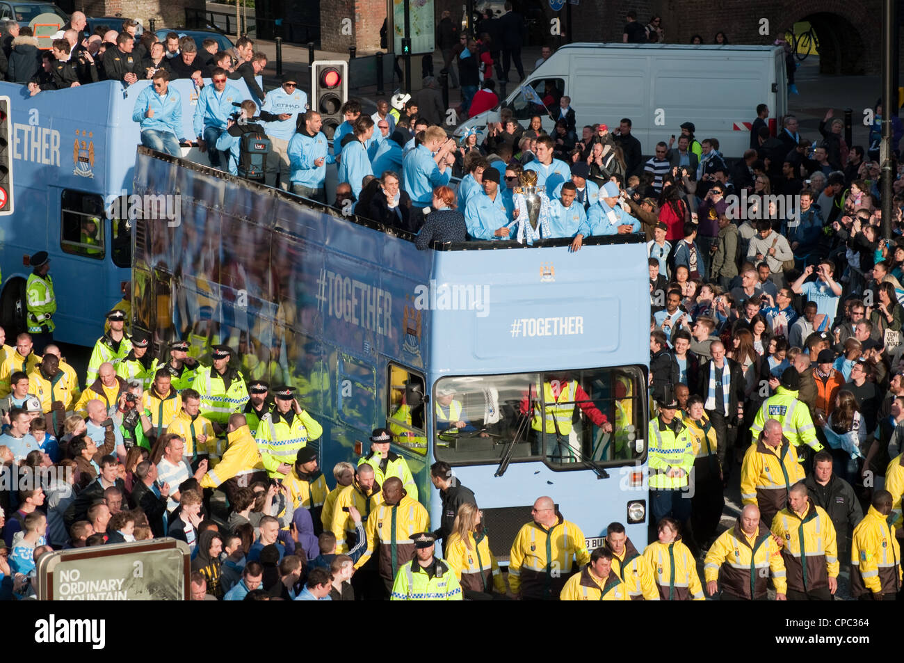 Manchester City FC Premier League Trophy Parade 2012. 100,000 blues fans turn out to celebrate victory for their club. Stock Photo