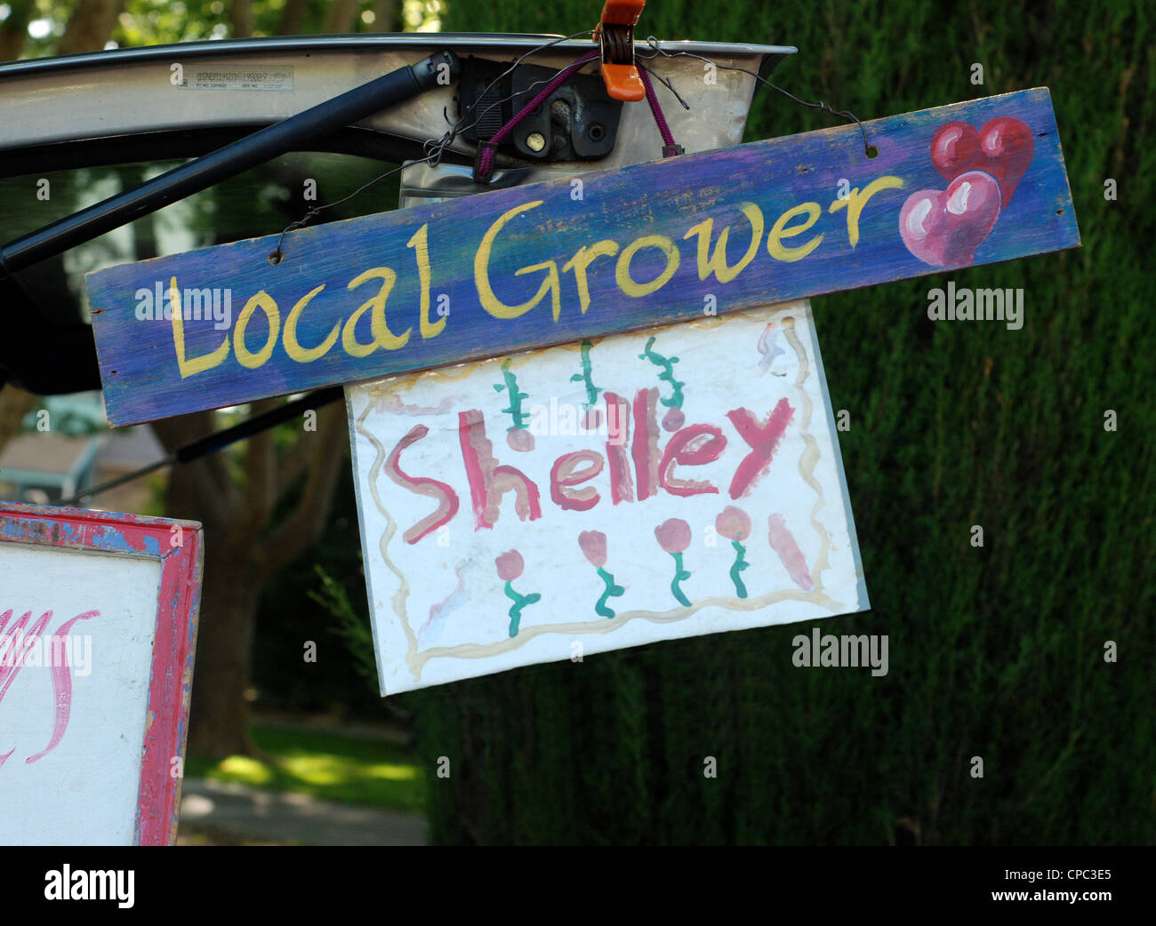 Sign 'Local Grower' at a Farmer's Market Stock Photo