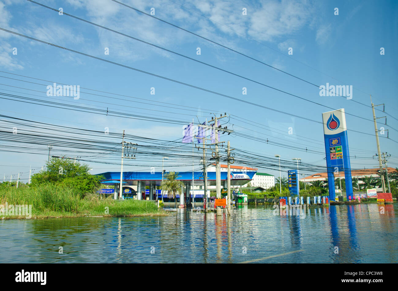 Gas station in Pathum Thani  during its worst flooding Stock Photo