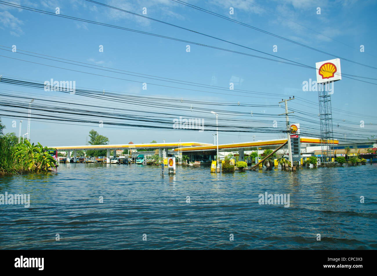 Gas station in Pathum Thani  during its worst flooding Stock Photo