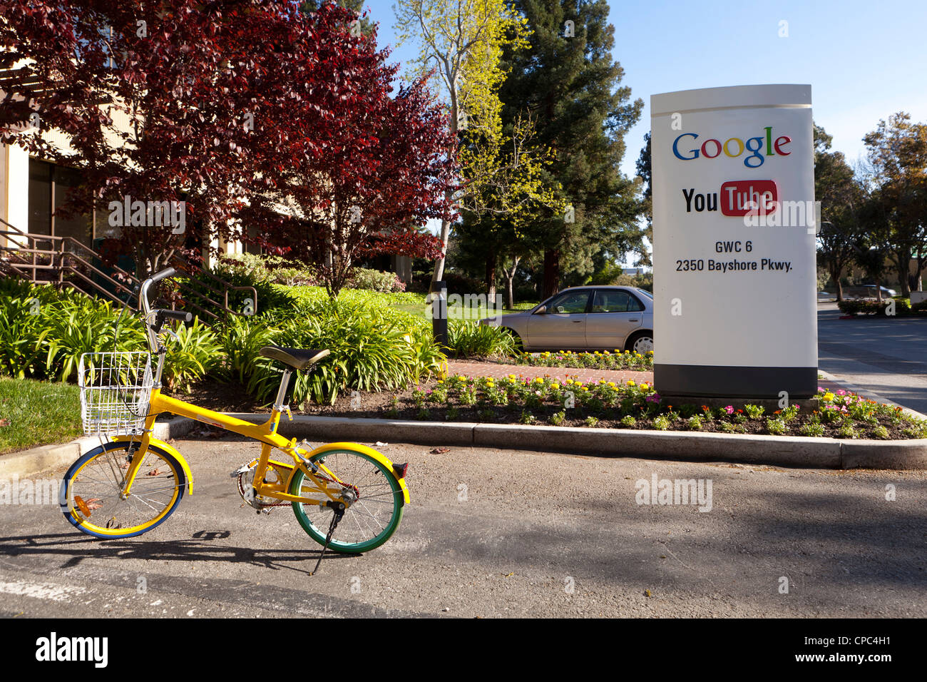 Google YouTube headquarters sign and bicycle - Mountain View, California USA Stock Photo