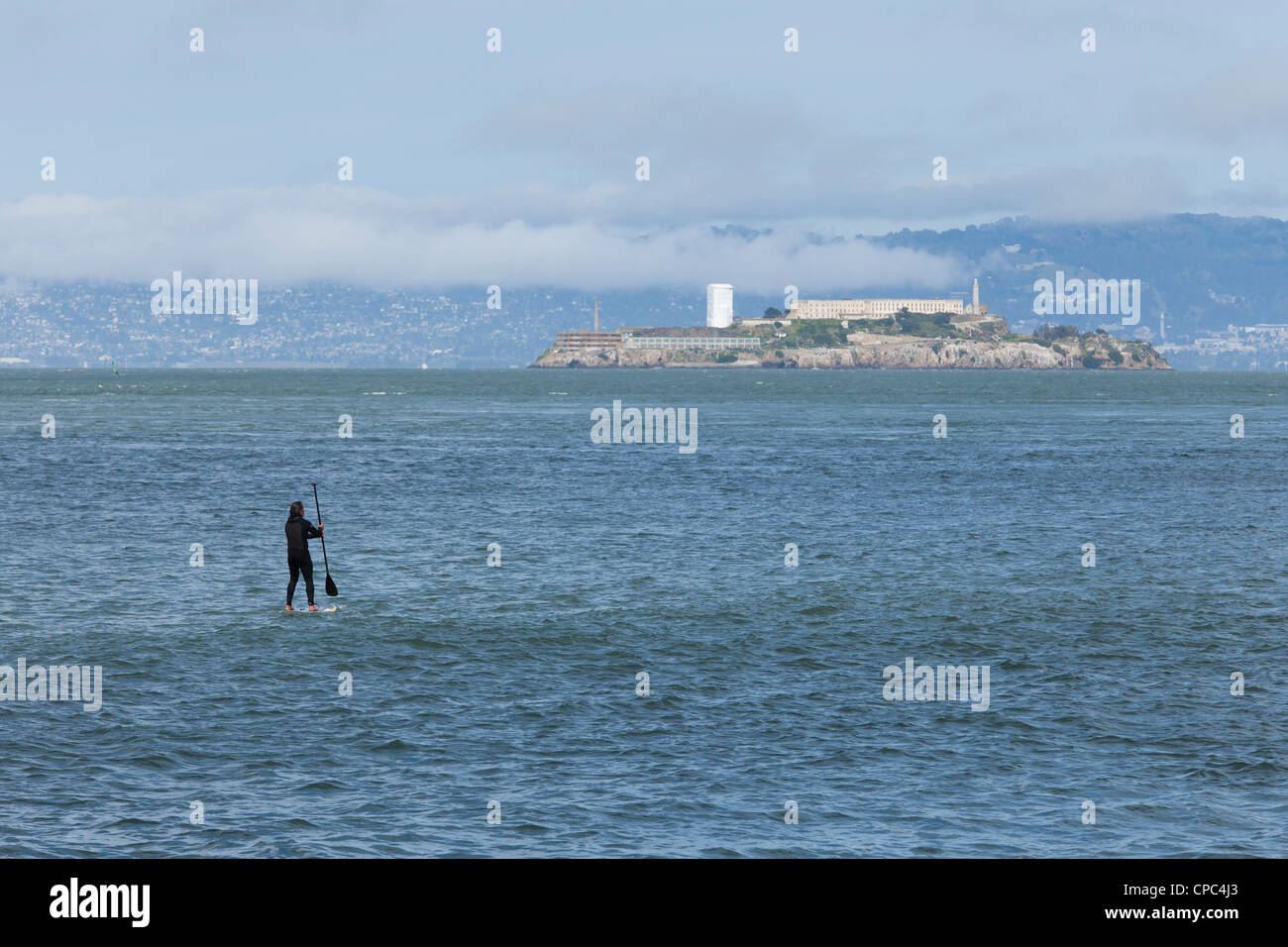 A paddle board surfer on the San Francisco bay Stock Photo